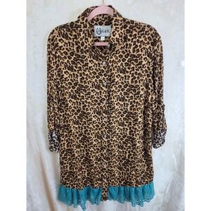 L&B Leopard Print Button Down Shirt Turquoise Lace Trim Tunic Womens Large